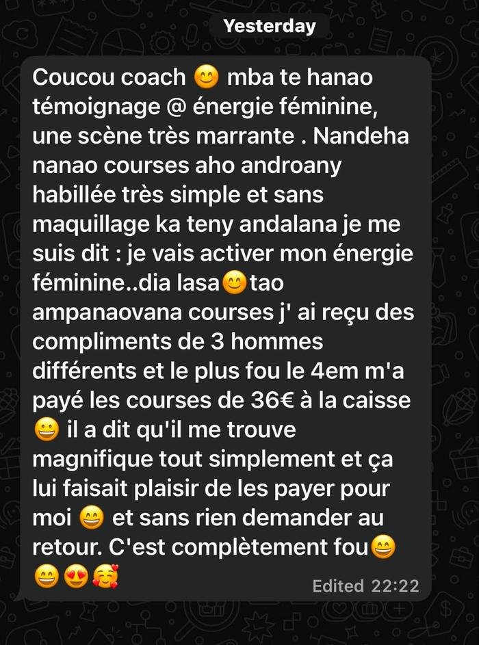 Capture WhatsApp : compliments reçus et courses offertes après avoir activé son énergie féminine